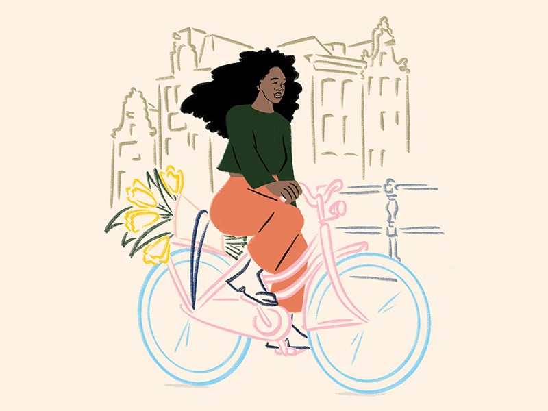Line drawing of a woman riding a bike beside a canal
