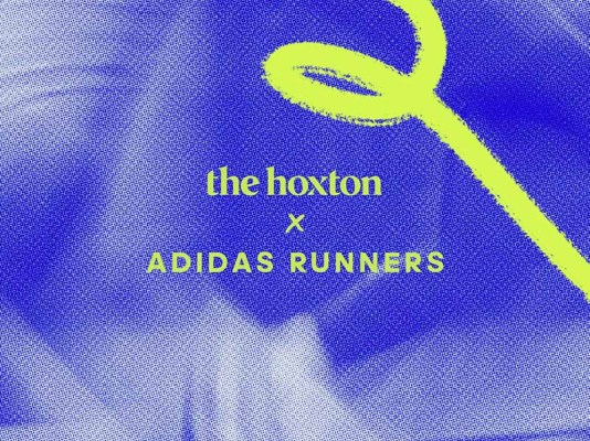 adidas runners and the hoxton logos on a blue background with lime green lines